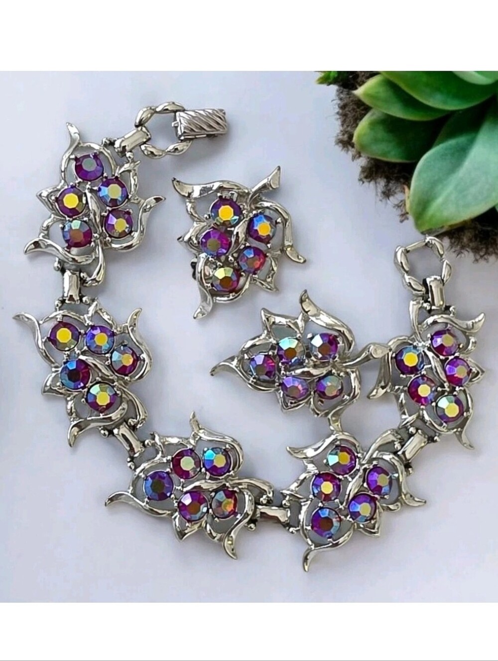 Vintage Sarah Coventry Purple AB Rhinestone Bracelet & Clip On Earrings Set
